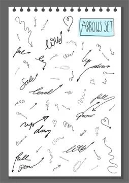 Vector set of hand drawn assorted arrows in sketch doodle style isolated on w Stock Illustration