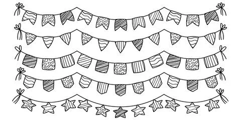 Vector Set of Hand-Drawn Bunting Flags. Doodle Garland with lines, waves line Stock Illustration
