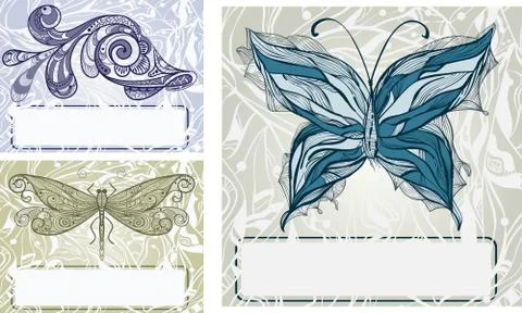 Vector set with  hand drawn butterfly, dragonfly, and fish.vintage style, fra Stock Illustration