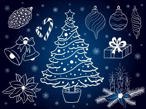 Vector set of hand drawn christmas elements on blue background Stock Illustration