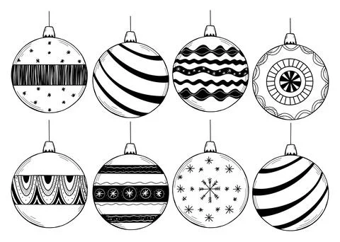 Vector set of hand drawn Christmas ball toy. Christmas coloring page book Stock Illustration