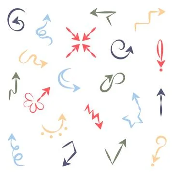 Vector Set of hand drawn coloured vector arrows Doodle style arrows Stock Illustration