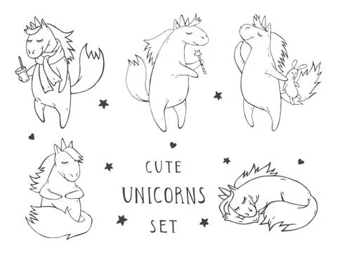 Vector set of hand drawn cute unicorns Stock Illustration