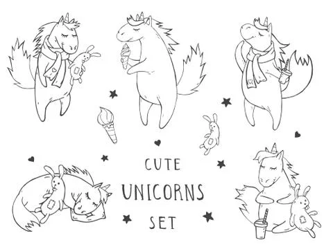 Vector set of hand drawn cute unicorns Stock Illustration