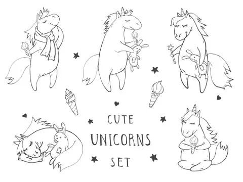 Vector set of hand drawn cute unicorns Stock Illustration