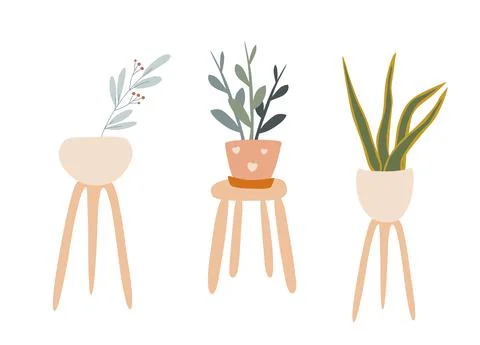 Vector set of hand drawn cute houseplants on coasters, home decoration, flowe Stock Illustration