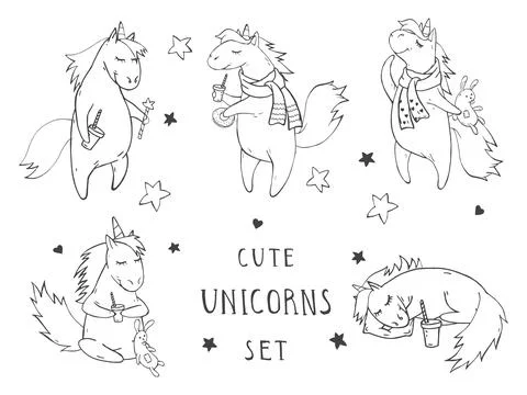 Vector set of hand drawn cute unicorns on withe background. Cartoon style. Stock Illustration