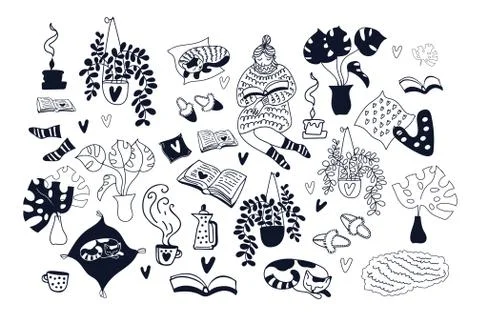 Vector set of hand-drawn doodle cozy home reading books outline. Stock Illustration
