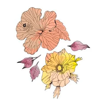 Vector set of hand drawn flowers and leaves Stock Illustration