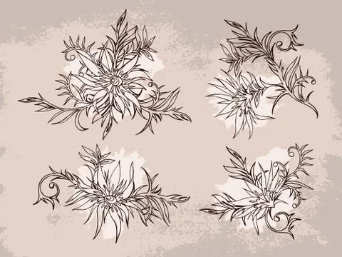 Vector set of hand drawn flowers, branches and leaves with textured watercolo Stock Illustration