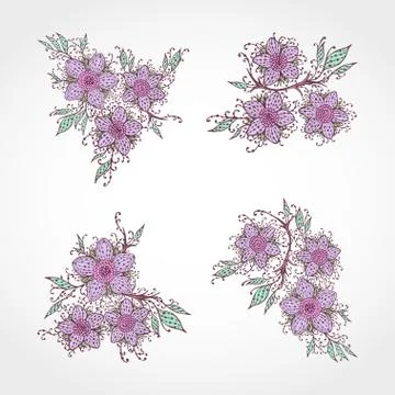 Vector set of hand drawn flowers and branches with leaves. Stock Illustration
