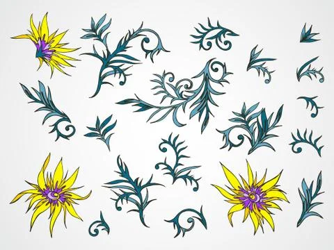 Vector set of hand drawn flowers, branches and leaves. Stock Illustration