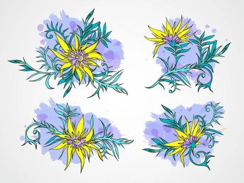 Vector set of hand drawn flowers, branches and leaves with textured watercolo Stock Illustration
