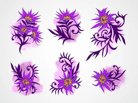 Vector set of hand drawn flowers, branches and leaves with textured watercolo Stock Illustration
