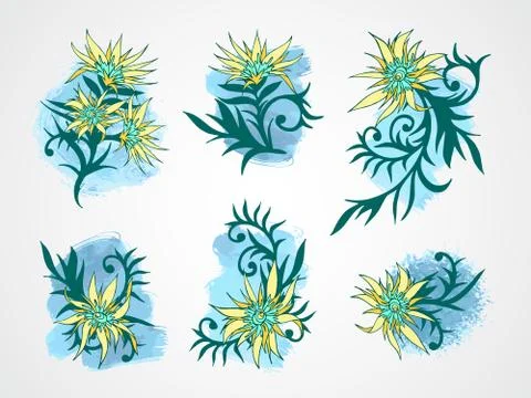 Vector set of hand drawn flowers, branches and leaves with textured watercolo Stock Illustration