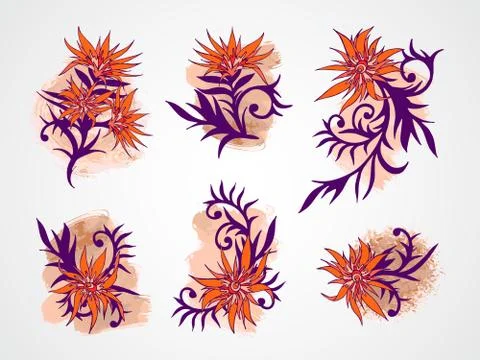 Vector set of hand drawn flowers, branches and leaves with textured watercolo Stock Illustration