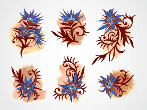 Vector set of hand drawn flowers, branches and leaves with textured watercolo Stock Illustration