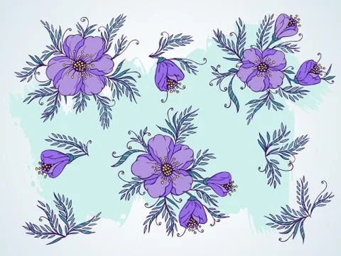 Vector set of hand drawn flowers, branches and leaves with textured watercolo Stock Illustration