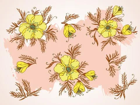 Vector set of hand drawn flowers, branches and leaves with textured watercolo Stock Illustration