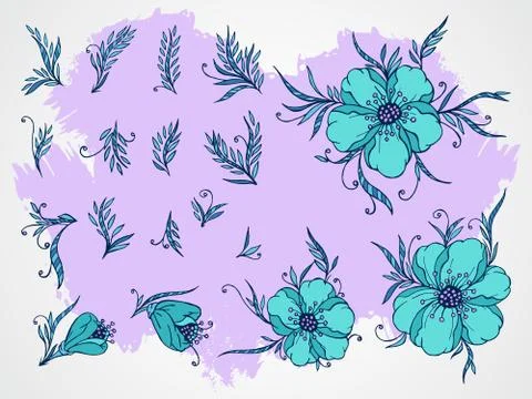 Vector set of hand drawn flowers, branches and leaves with textured watercolo Stock Illustration