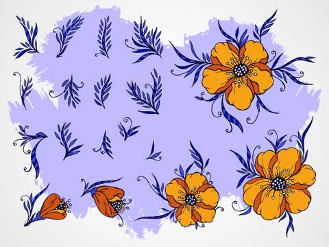 Vector set of hand drawn flowers, branches and leaves with textured watercolo Stock Illustration