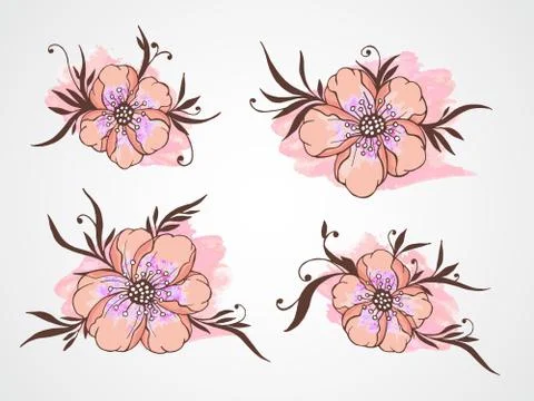 Vector set of hand drawn flowers, branches and leaves with textured watercolo Stock Illustration