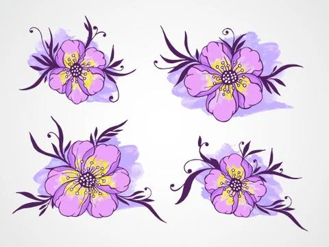 Vector set of hand drawn flowers, branches and leaves with textured watercolo Stock Illustration