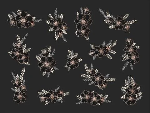 Vector set of hand drawn flowers and floral elements. Decorative collection.  Illustrazione stock
