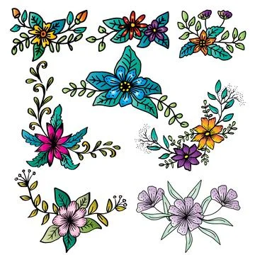Vector set of hand drawn flowers and leaves in doodle style. Stock Illustration