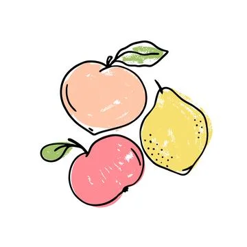 Vector set of hand drawn fruits with leaves on a white background. Apple, l.. Stock Illustration