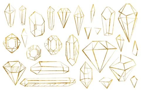 Vector set of hand drawn geometric shapes of crystals with golden texture. Stock Illustration