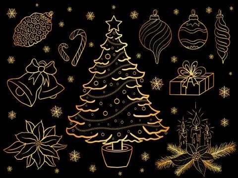 Vector set of hand drawn golden christmas elements Stock Illustration