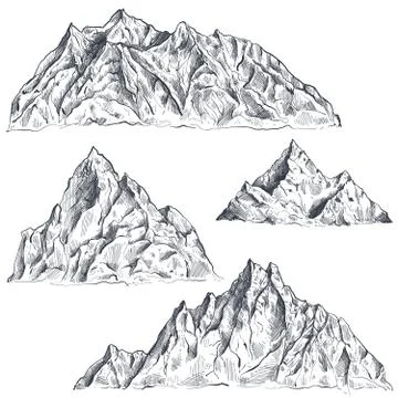 Vector set of hand drawn graphic mountain ranges. Stock Illustration