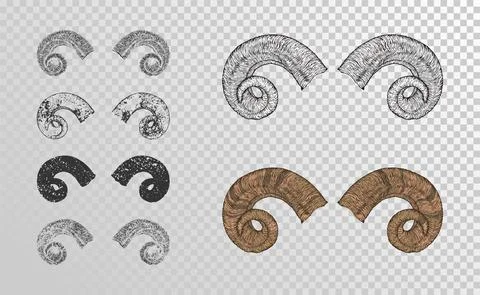 Vector set of hand drawn horns ram with grunge elements in different versions Stock Illustration