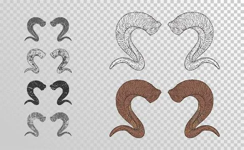 Vector set of hand drawn horns ram with grunge elements in different versions Stock Illustration