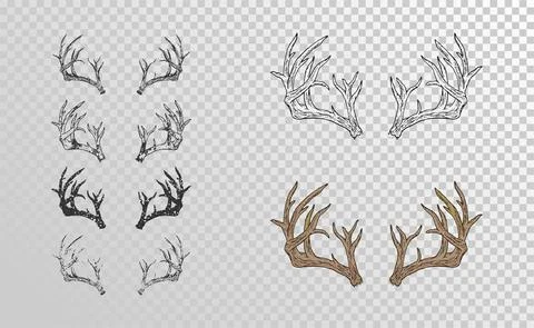Vector set of hand drawn horns deer with grunge elements in different version Stock Illustration