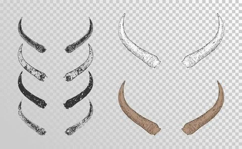 Vector set of hand drawn horns buffalo with grunge elements in different vers Stock Illustration