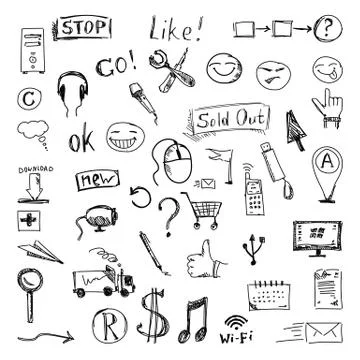 Vector set of hand drawn icons and design elements. Sketch style isolated on Stock Illustration