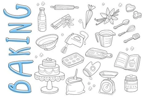 Vector set of hand drawn icons on baking theme. Cooking ingredients and kitchen Stockillustratie