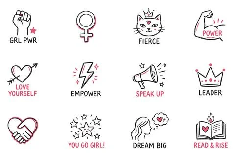 Vector set of hand drawn icons and text celebrating womens empowerment Stock Illustration