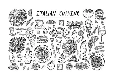 Vector set of hand-drawn illustrations of Italian cuisine. Stock Illustration