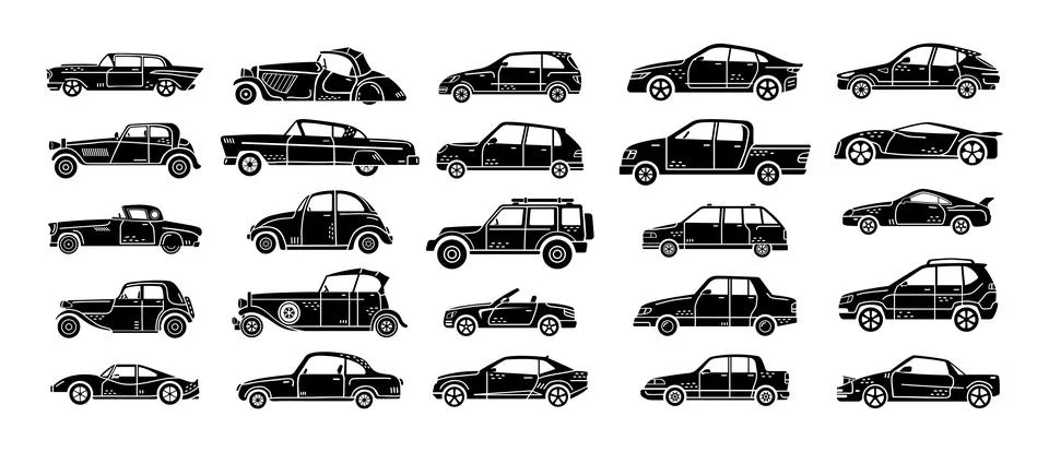 Vector set of hand-drawn illustrations of cars. Personal vehicles. Illustrazione stock