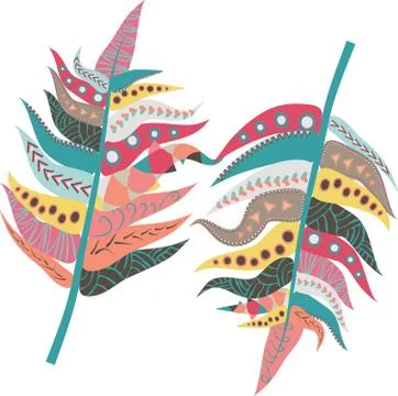 Vector set of hand drawn indian feathers. Black and white ethnic pattern. Boh Stock Illustration