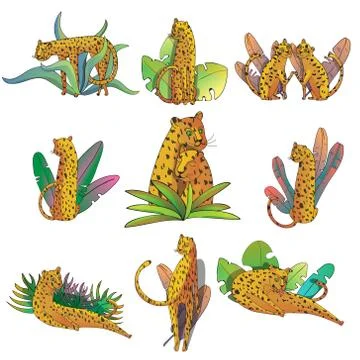 Vector set of hand drawn leopards with topical leaves. Large wild cats. Line art Illustrazione stock