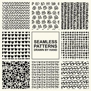 Vector set of hand drawn seamless pattern made with ink. Stock Illustration