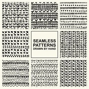 Vector set of hand drawn seamless pattern made with ink. Stock Illustration