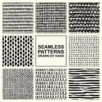 Vector set of hand drawn seamless pattern made with ink. Stock Illustration