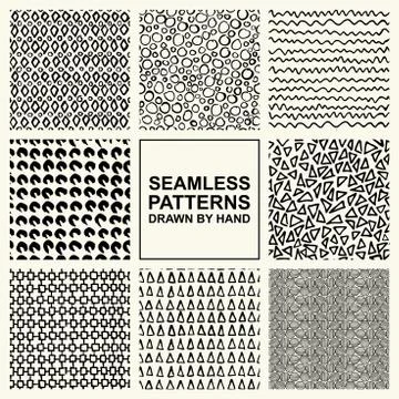 Vector set of hand drawn seamless pattern made with ink. Stock Illustration