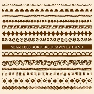 Vector set of hand drawn seamless borders made with ink Stock Illustration