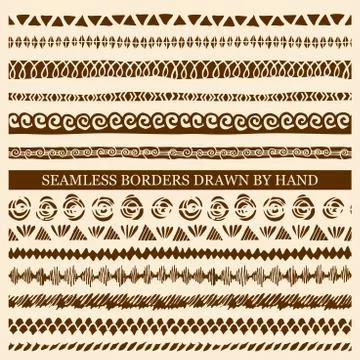 Vector set of hand drawn seamless borders made with ink Stock Illustration